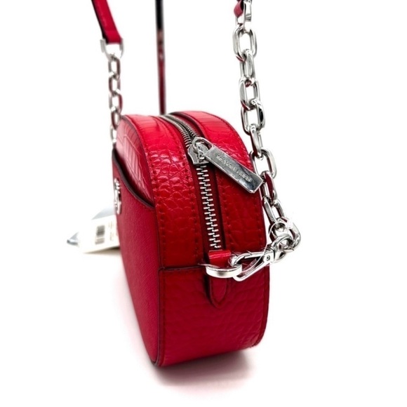 Michael Kors Large Jet Set Glam Leather Snakeskin Oval Crossbody Bag Red/Gold - Picture 4 of 10